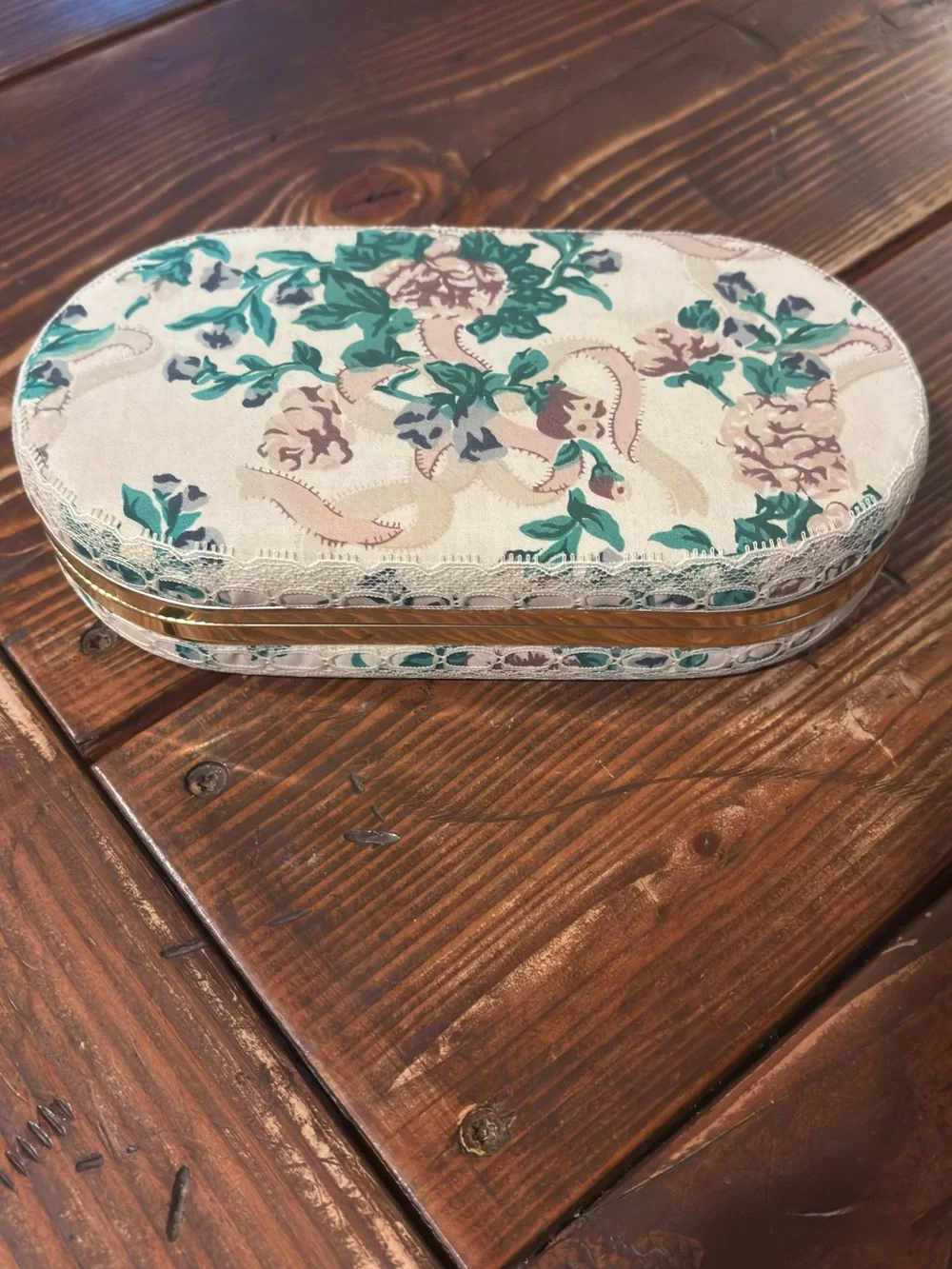Vintage Floral Fabric withGold & Lace Accent Oval Jewelry Case 8”x4”